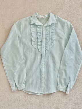 Vintage Women’s Light Teal and White Striped Ruffle Front Button-Up Blouse XS
